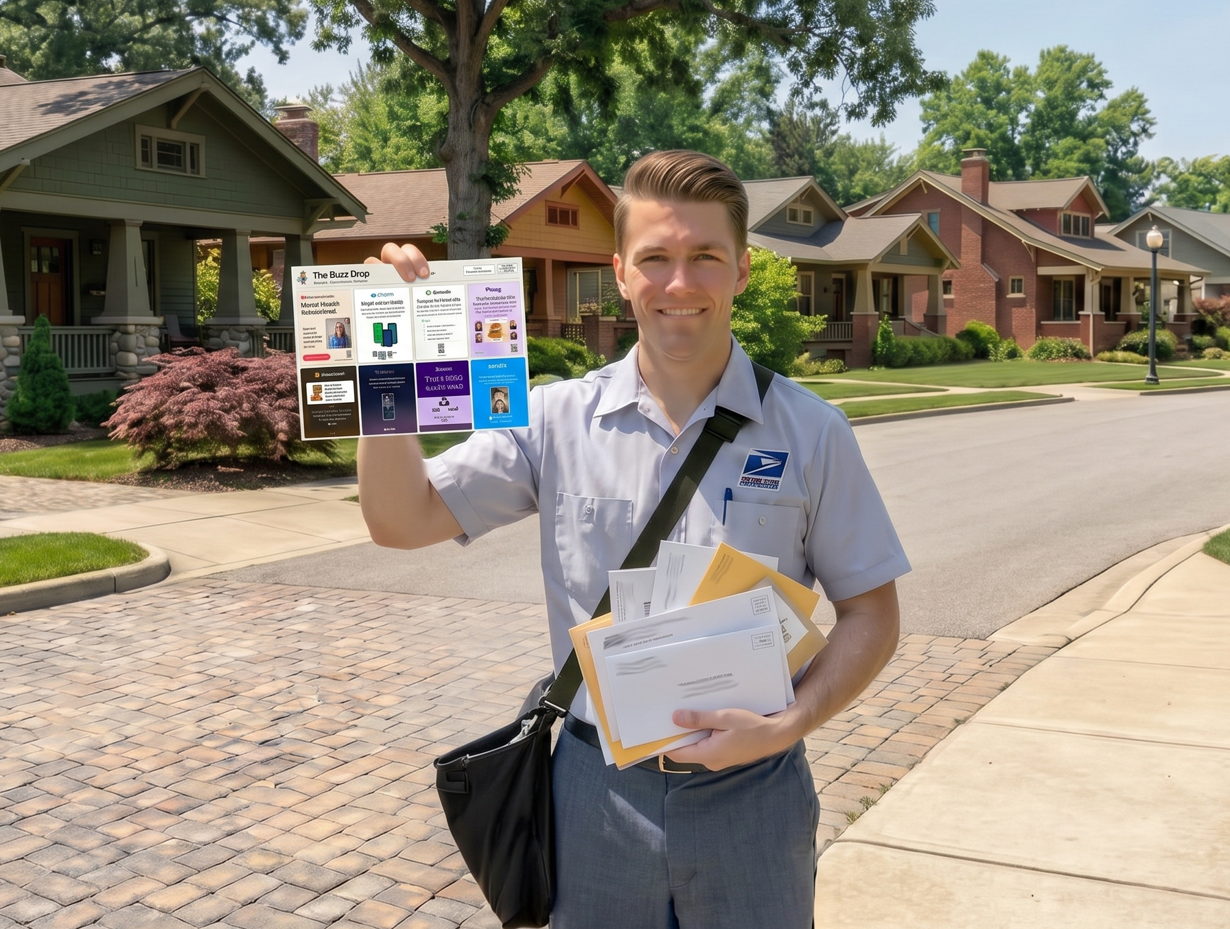 USPS Mail Carrier delivering Direct Mail Buzz postcards in a neighborhood