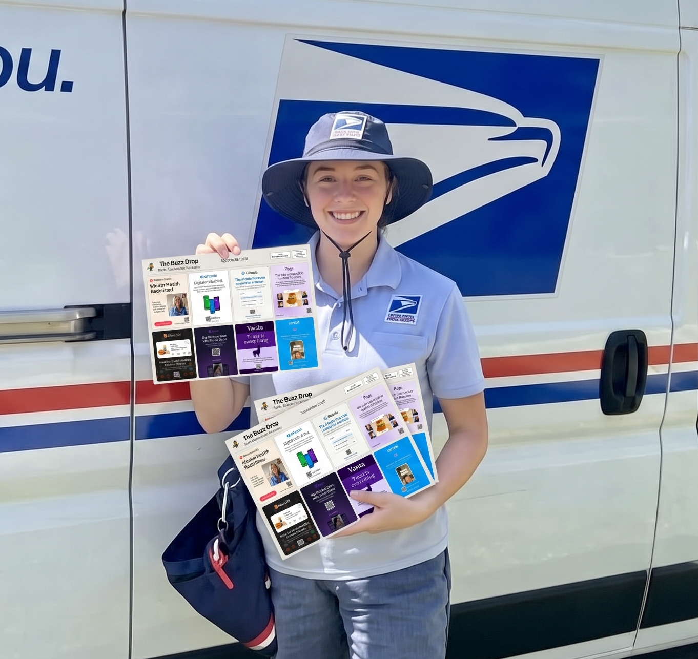 USPS Mail Carrier holding Direct Mail Buzz postcards