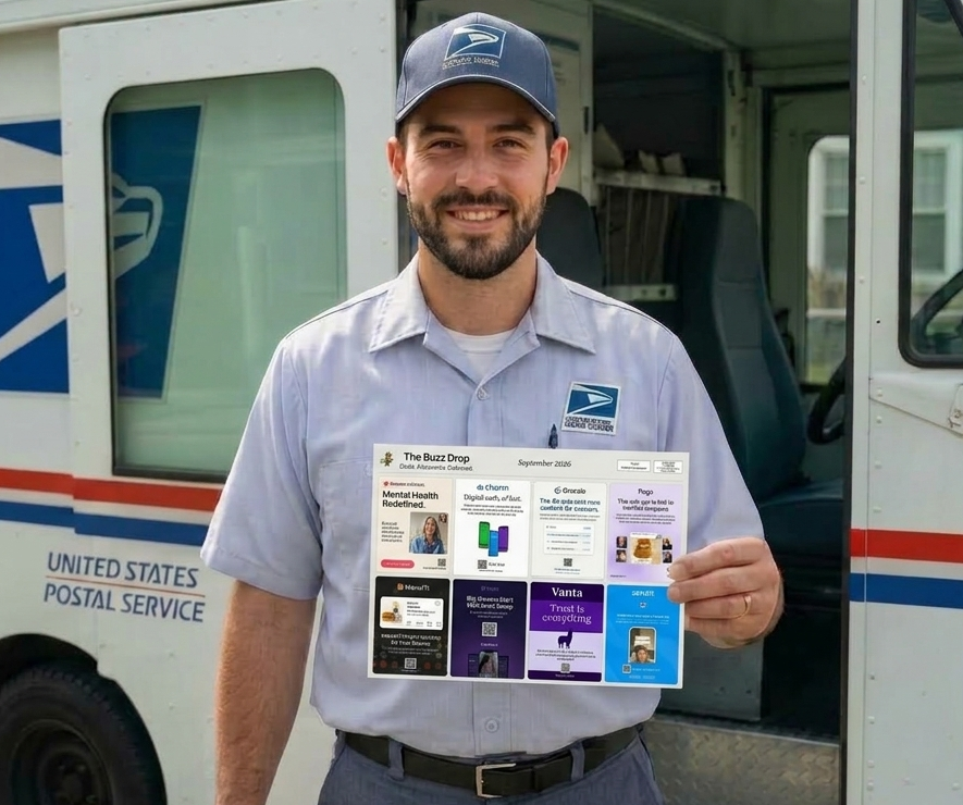 USPS Mail Carrier holding a category-exclusive Direct Mail Buzz postcard
